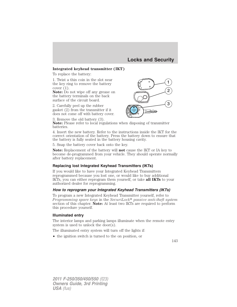 Illuminated entry, Locks and security | FORD 2011 F-550 v.3 User Manual | Page 143 / 442