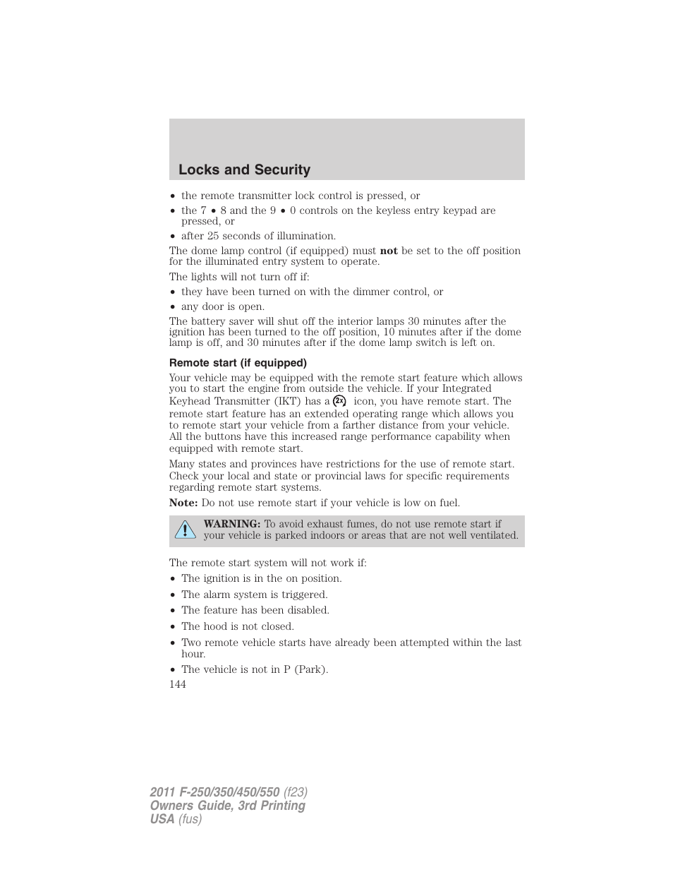 Remote start (if equipped), Locks and security | FORD 2011 F-550 v.3 User Manual | Page 144 / 442