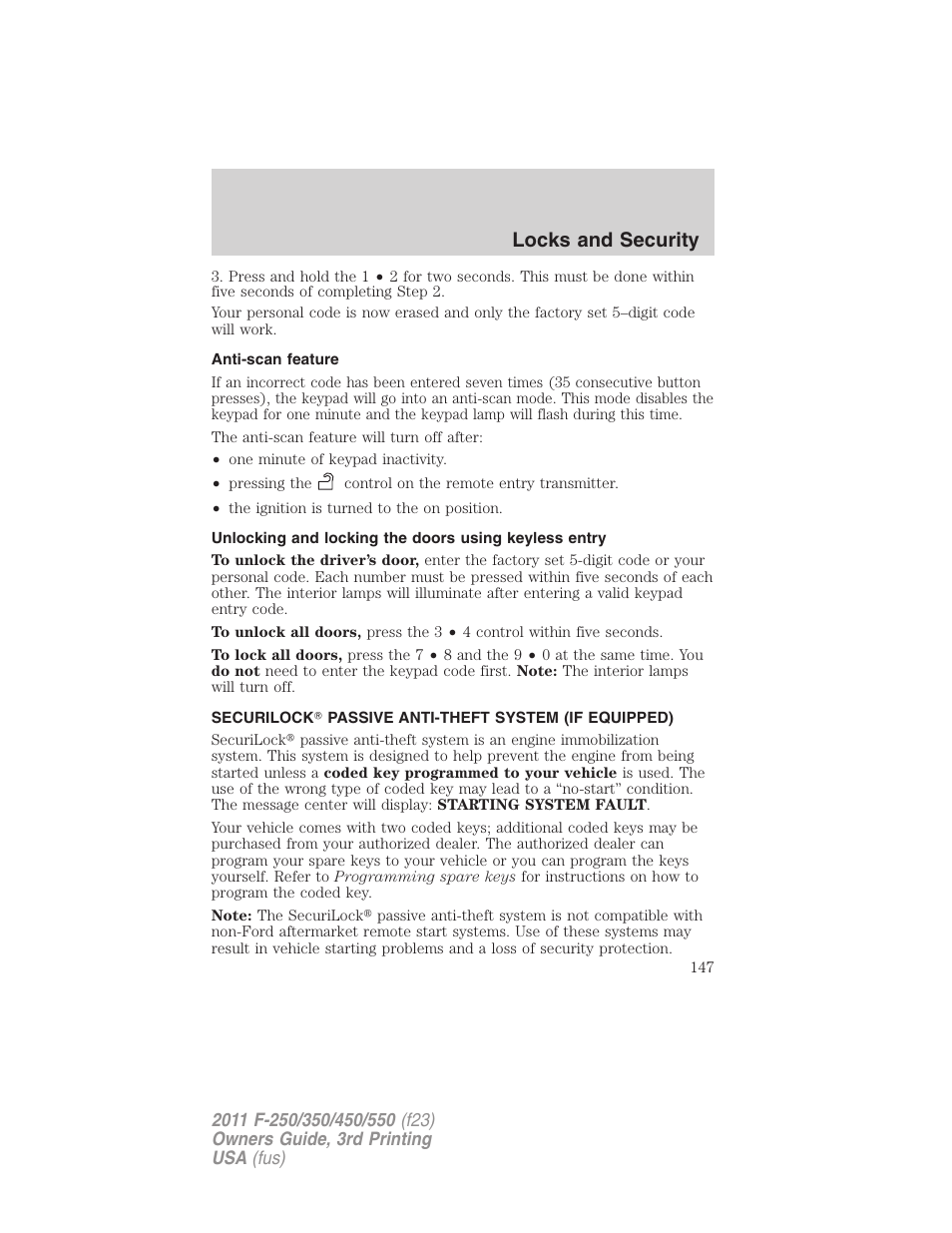 Anti-scan feature, Securilock passive anti-theft system (if equipped), Anti-theft system | Locks and security | FORD 2011 F-550 v.3 User Manual | Page 147 / 442