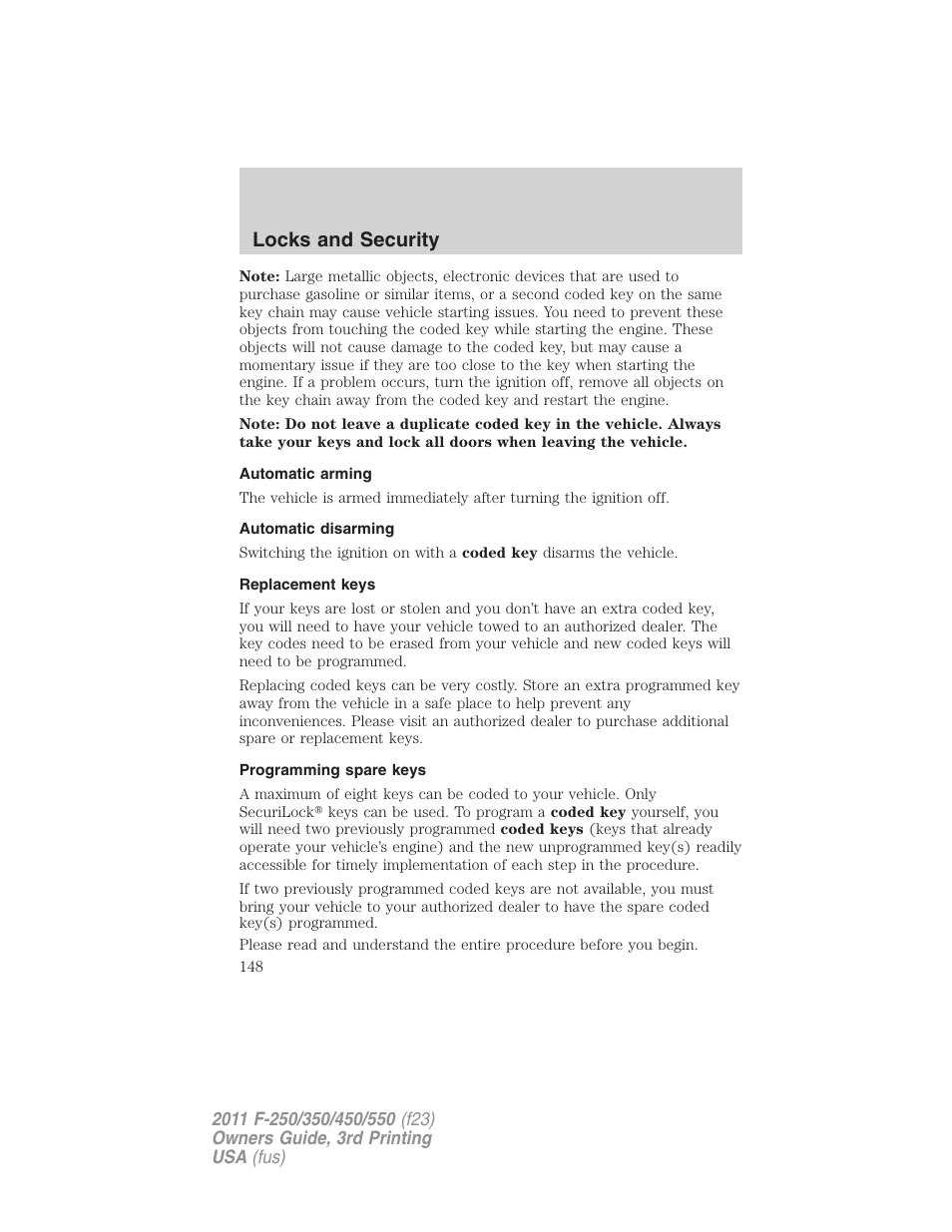 Automatic arming, Automatic disarming, Replacement keys | Programming spare keys, Locks and security | FORD 2011 F-550 v.3 User Manual | Page 148 / 442