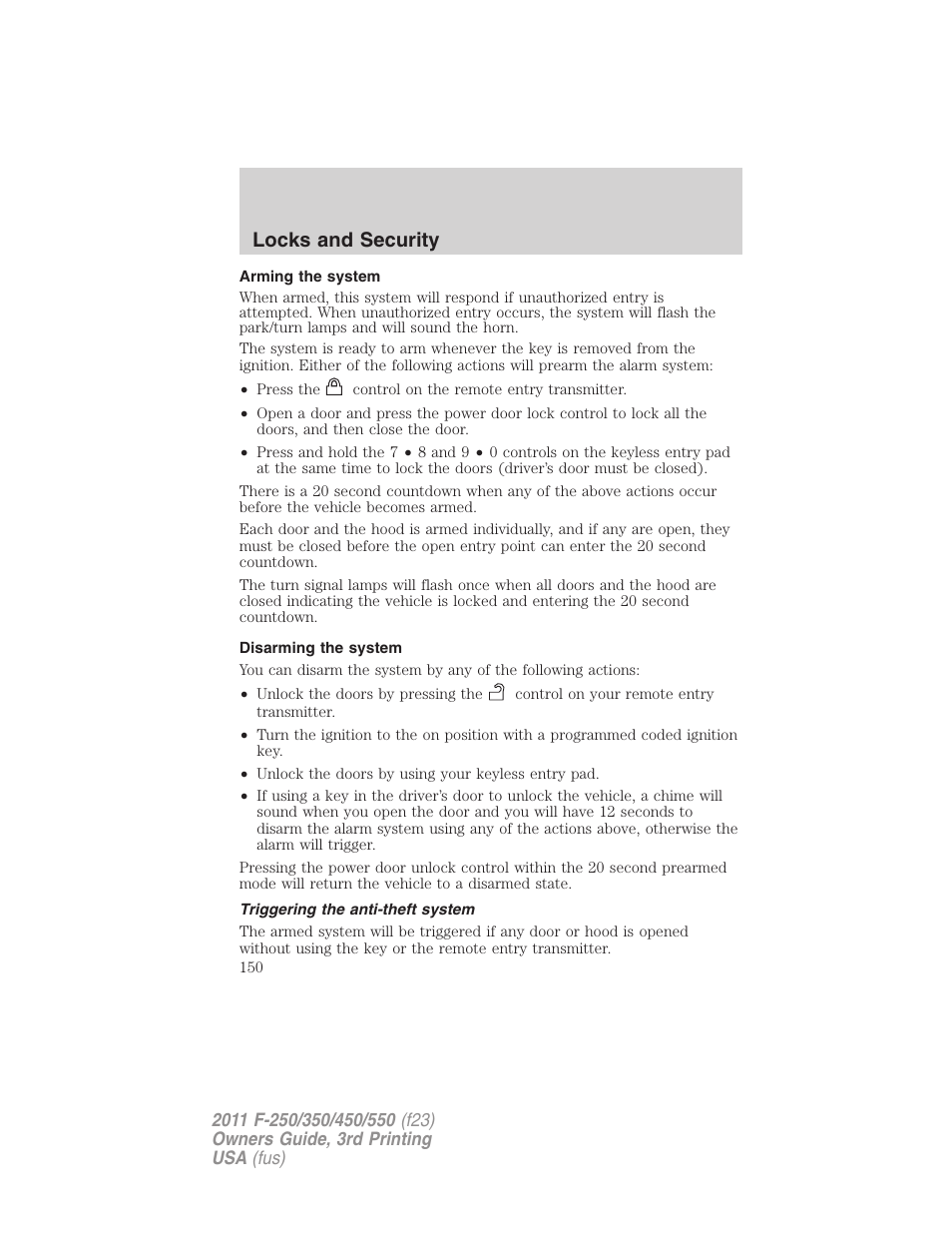 Arming the system, Disarming the system, Triggering the anti-theft system | Locks and security | FORD 2011 F-550 v.3 User Manual | Page 150 / 442