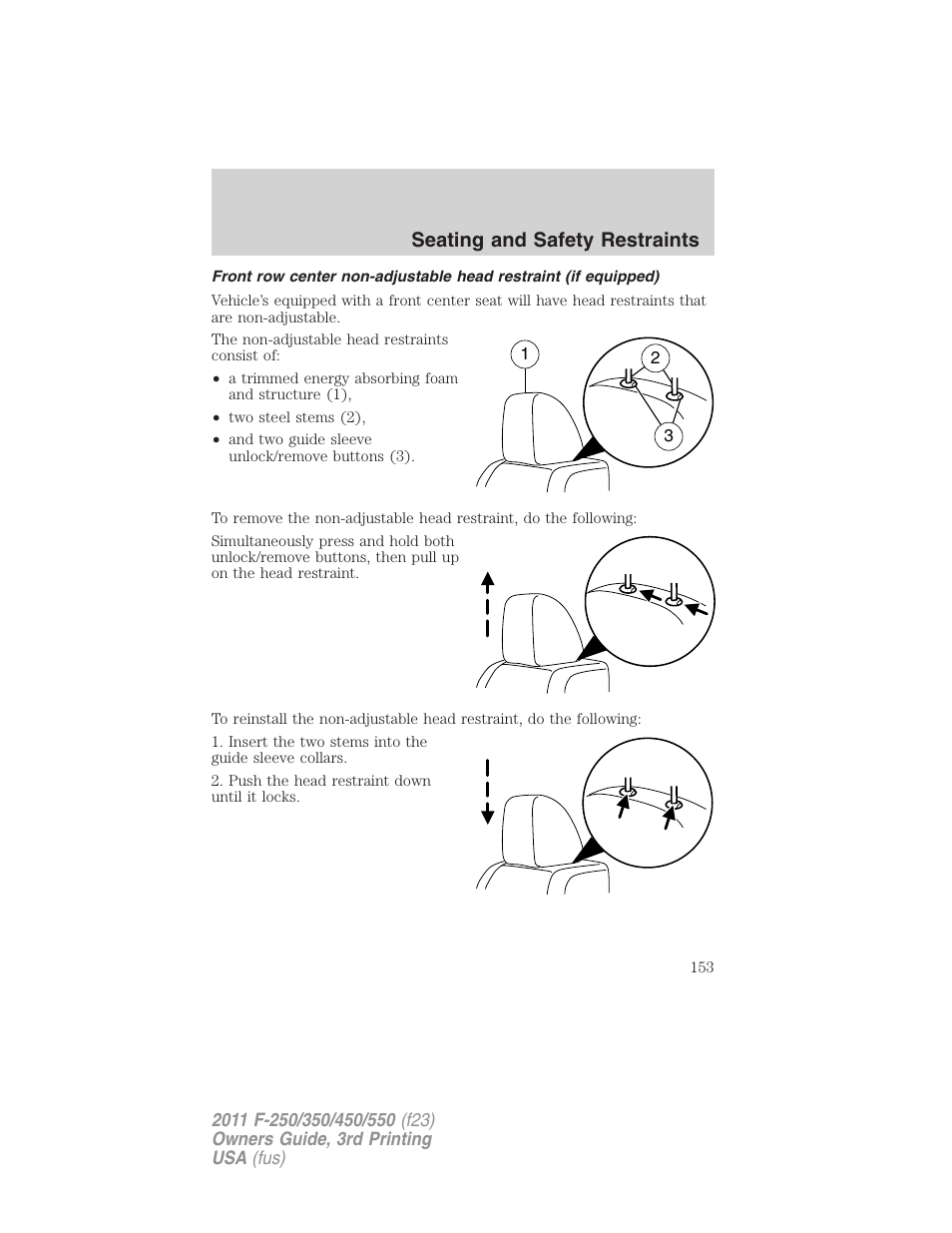 Seating and safety restraints | FORD 2011 F-550 v.3 User Manual | Page 153 / 442