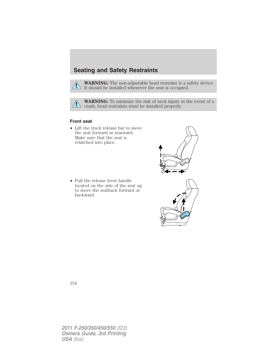 Front seat, Seating and safety restraints | FORD 2011 F-550 v.3 User Manual | Page 154 / 442