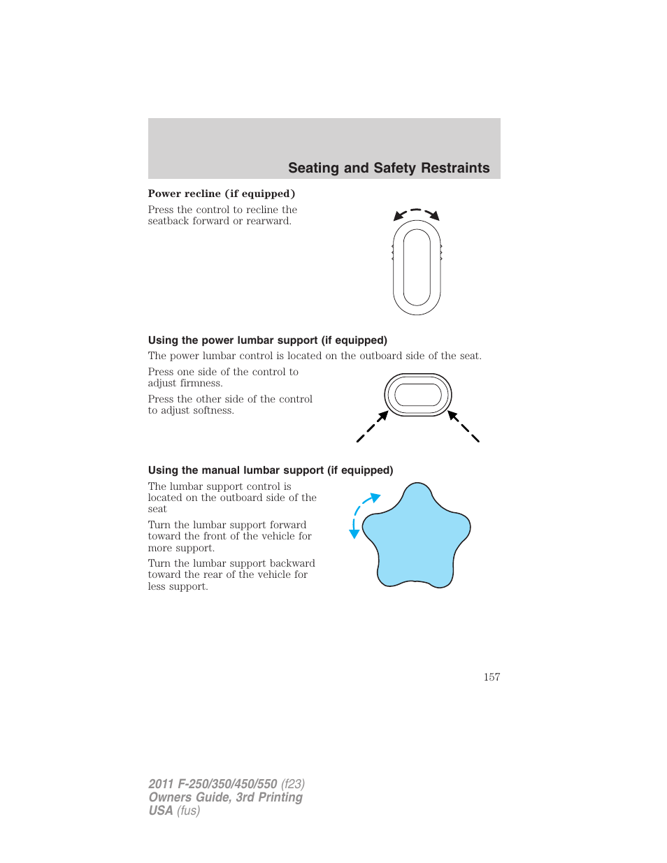 Using the power lumbar support (if equipped), Using the manual lumbar support (if equipped), Seating and safety restraints | FORD 2011 F-550 v.3 User Manual | Page 157 / 442