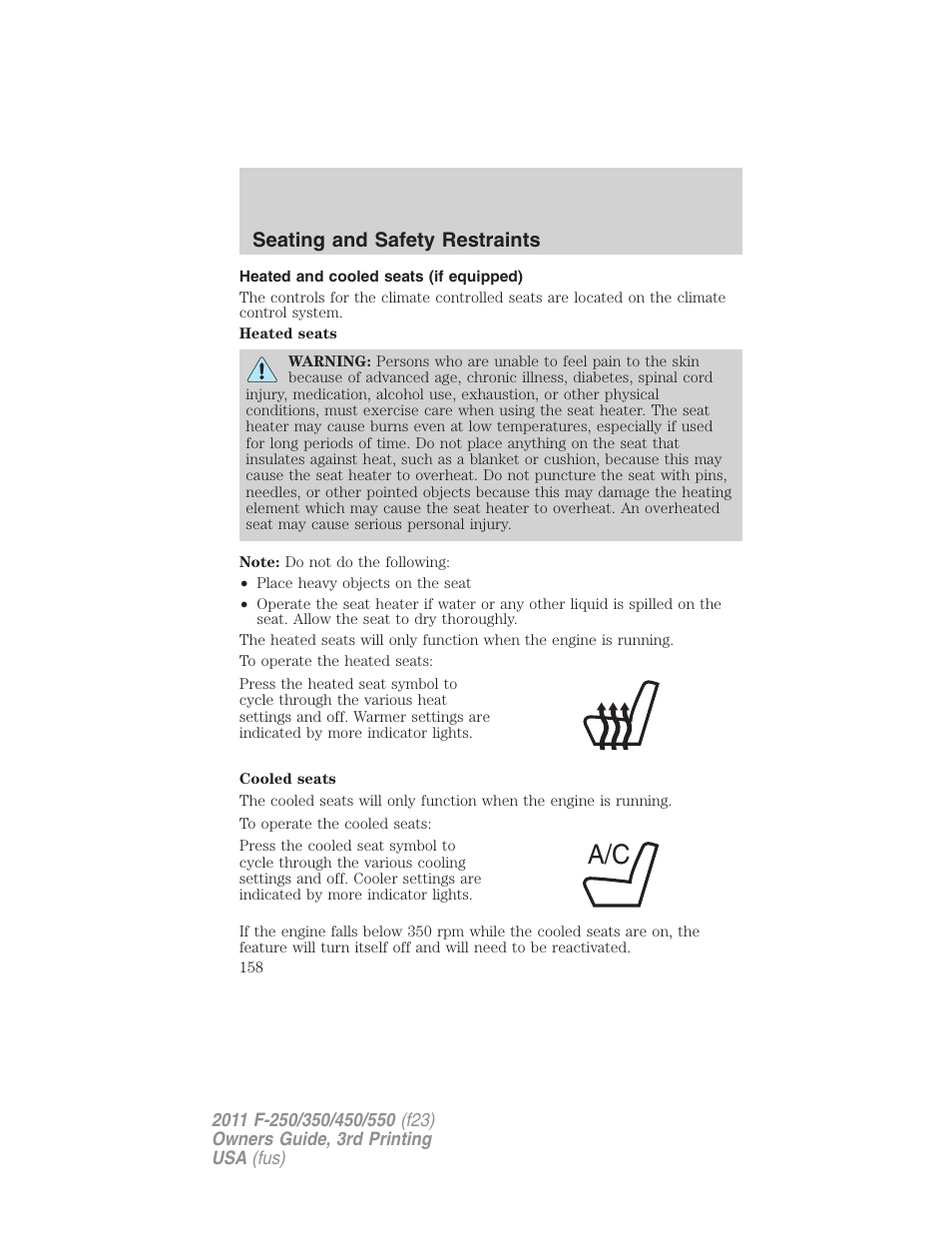 Heated and cooled seats (if equipped), Seating and safety restraints | FORD 2011 F-550 v.3 User Manual | Page 158 / 442