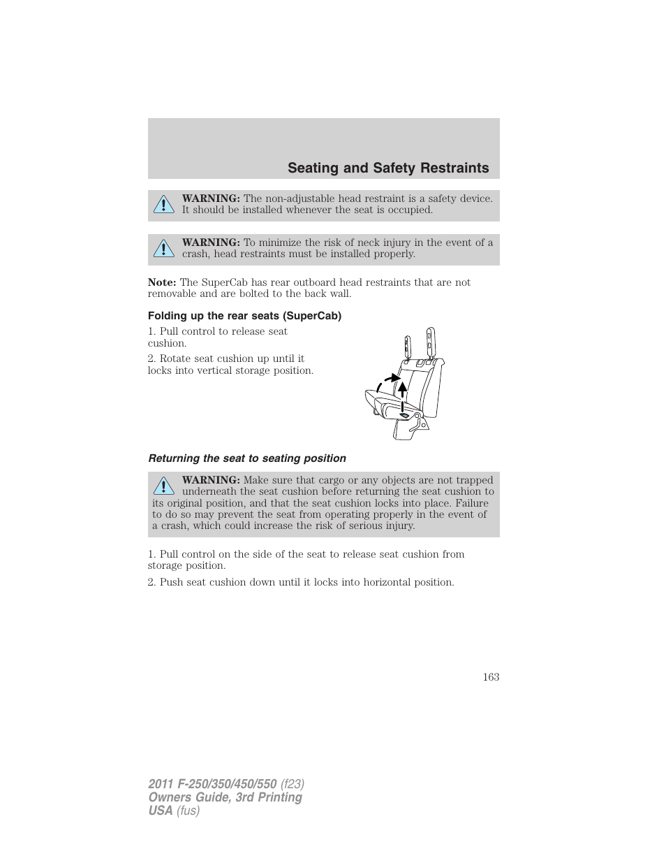 Folding up the rear seats (supercab), Returning the seat to seating position, Seating and safety restraints | FORD 2011 F-550 v.3 User Manual | Page 163 / 442