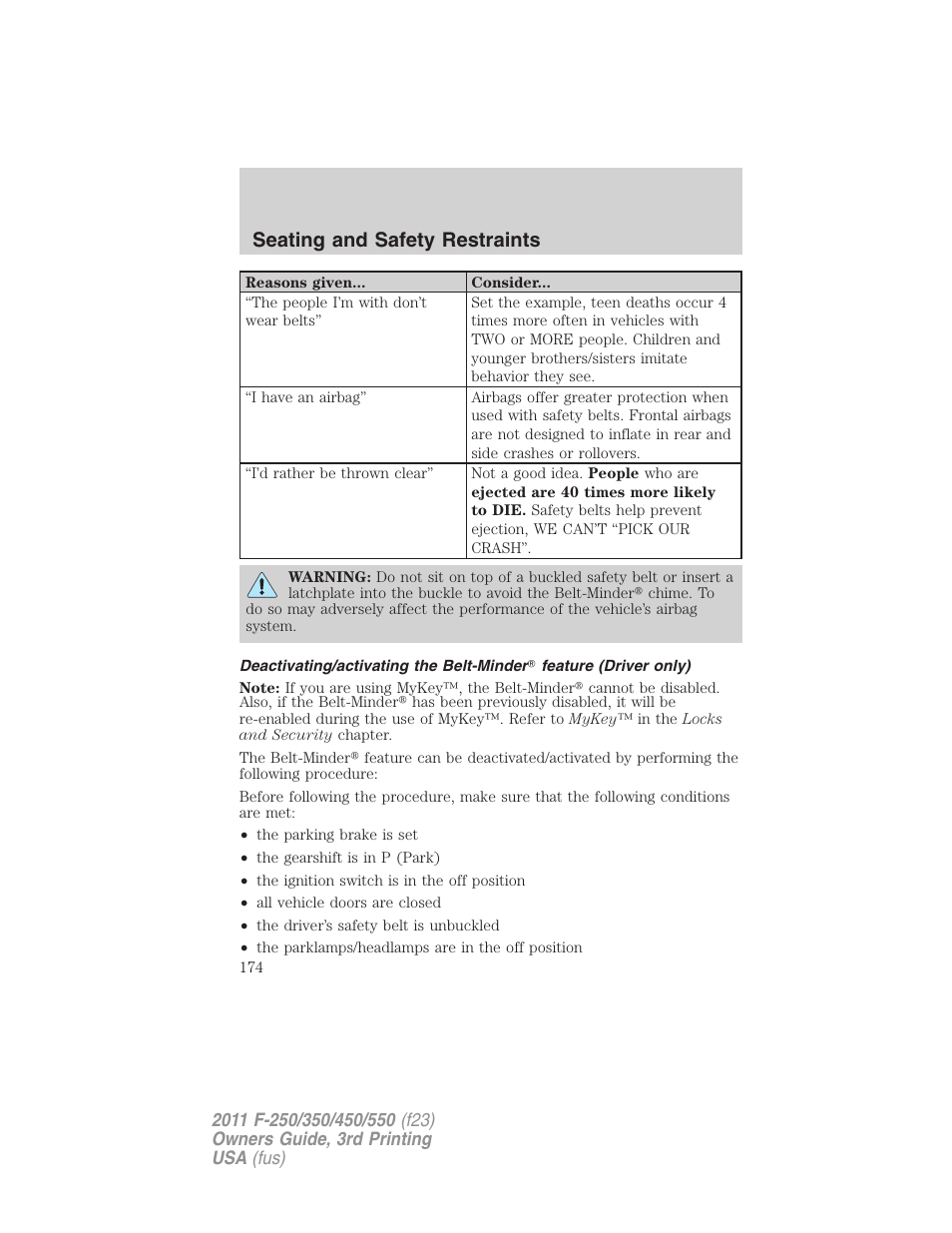 Seating and safety restraints | FORD 2011 F-550 v.3 User Manual | Page 174 / 442