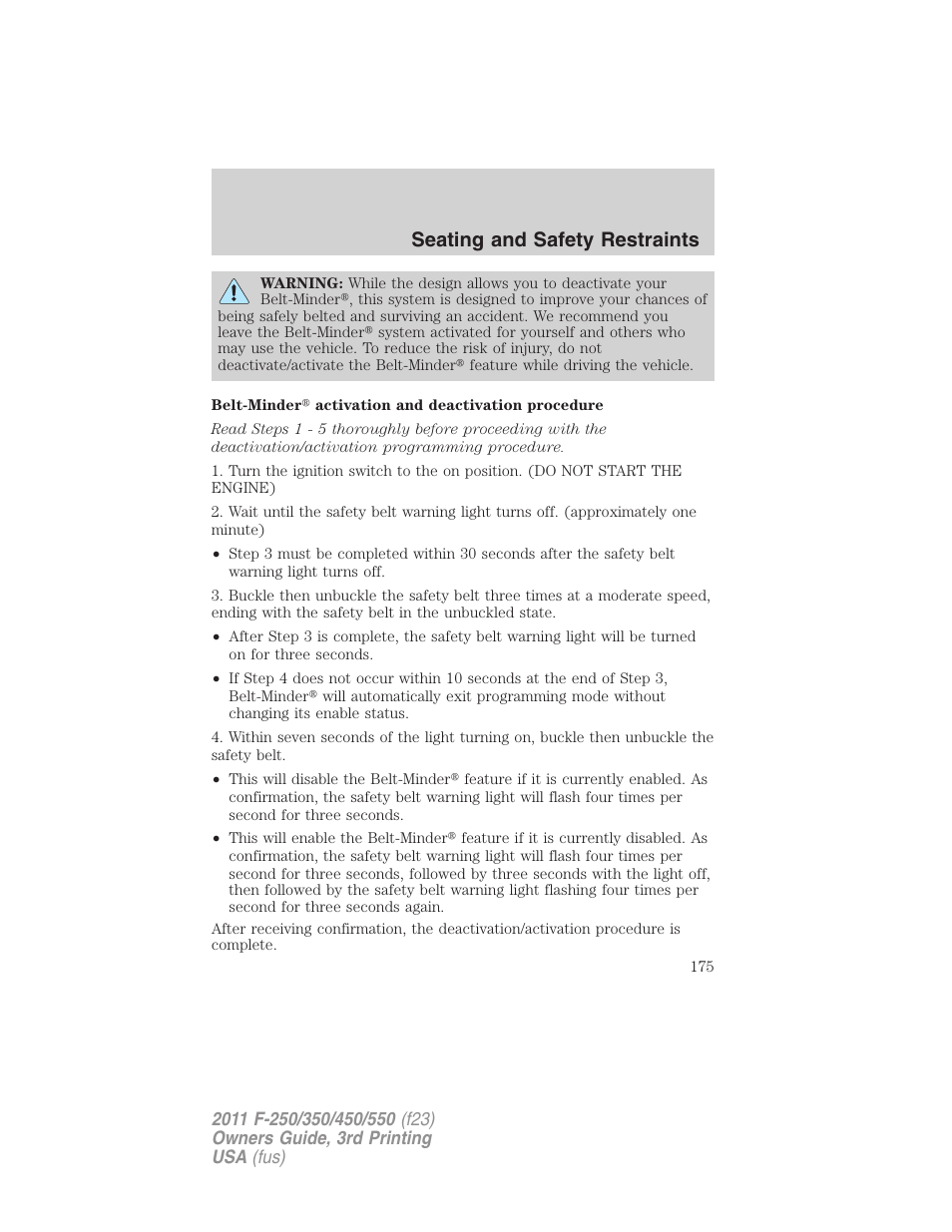 Seating and safety restraints | FORD 2011 F-550 v.3 User Manual | Page 175 / 442