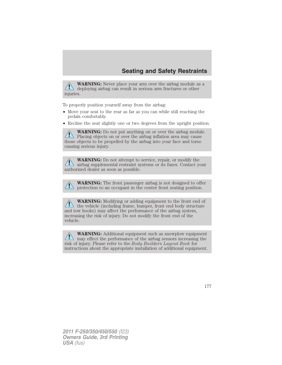 Seating and safety restraints | FORD 2011 F-550 v.3 User Manual | Page 177 / 442