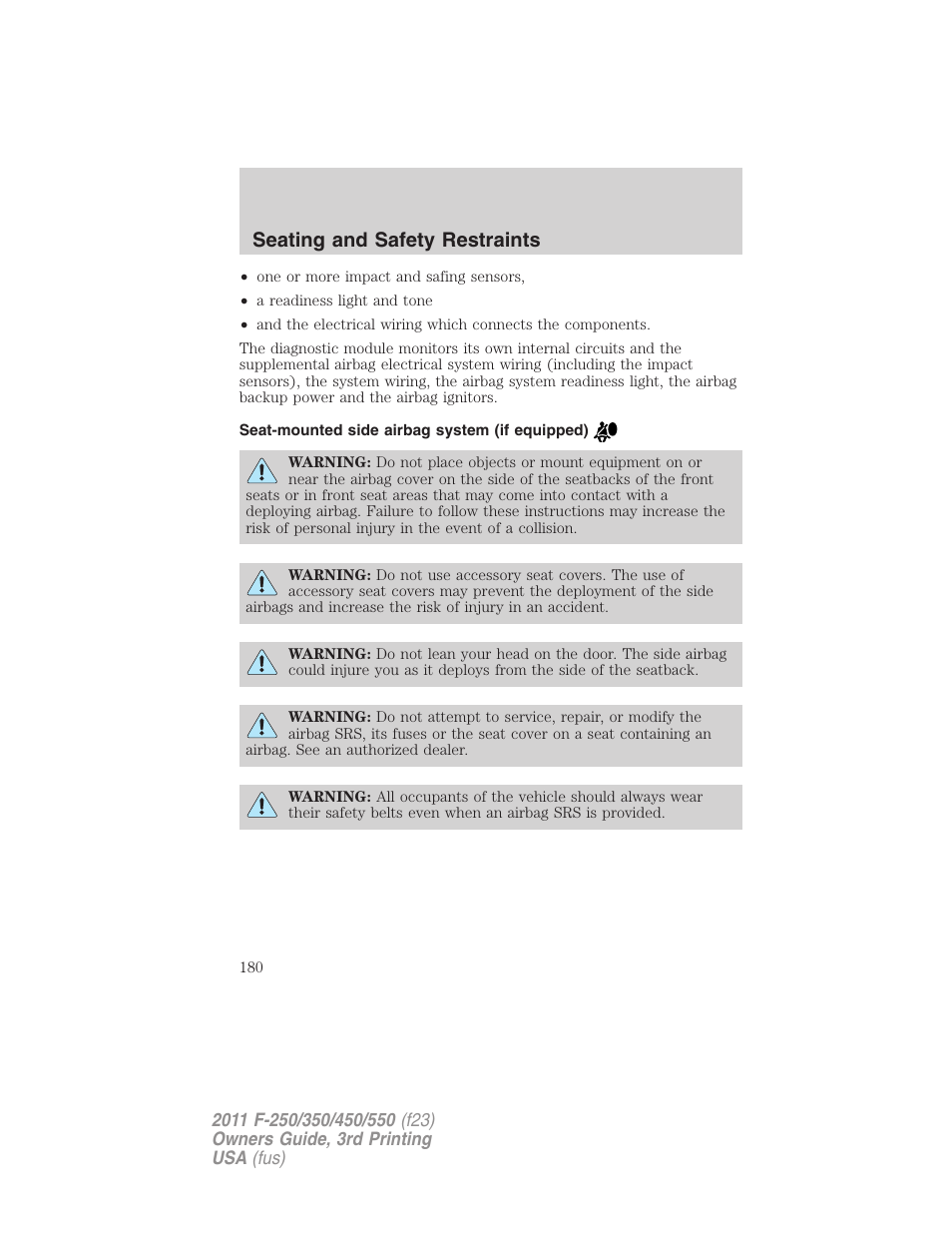 Seat-mounted side airbag system (if equipped), Seating and safety restraints | FORD 2011 F-550 v.3 User Manual | Page 180 / 442