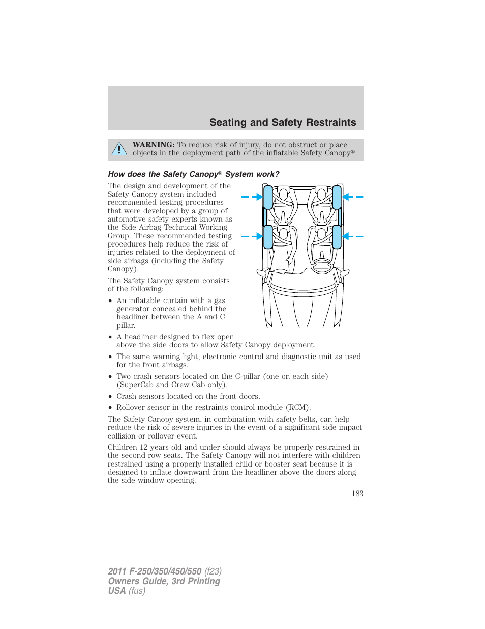 How does the safety canopy system work, Seating and safety restraints | FORD 2011 F-550 v.3 User Manual | Page 183 / 442