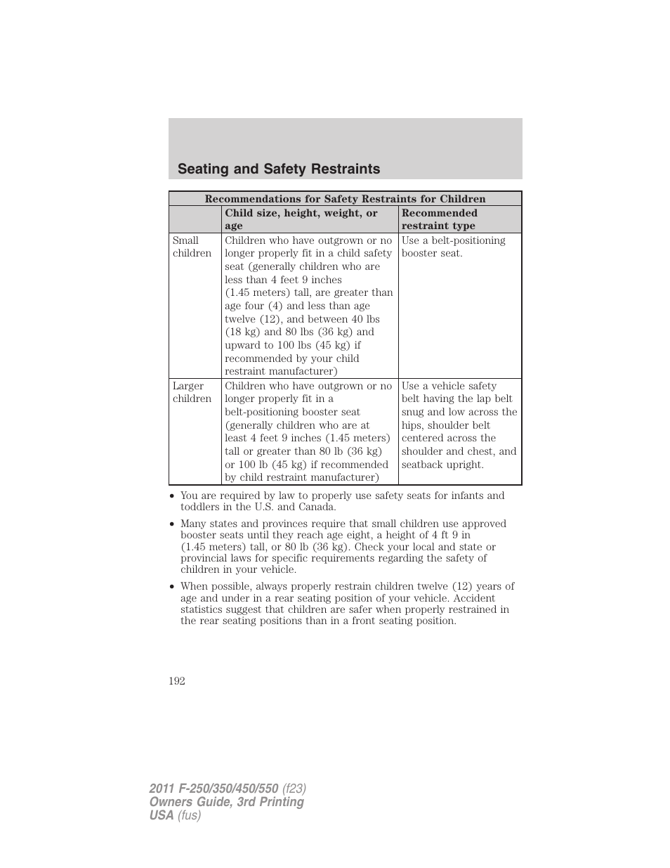 Seating and safety restraints | FORD 2011 F-550 v.3 User Manual | Page 192 / 442