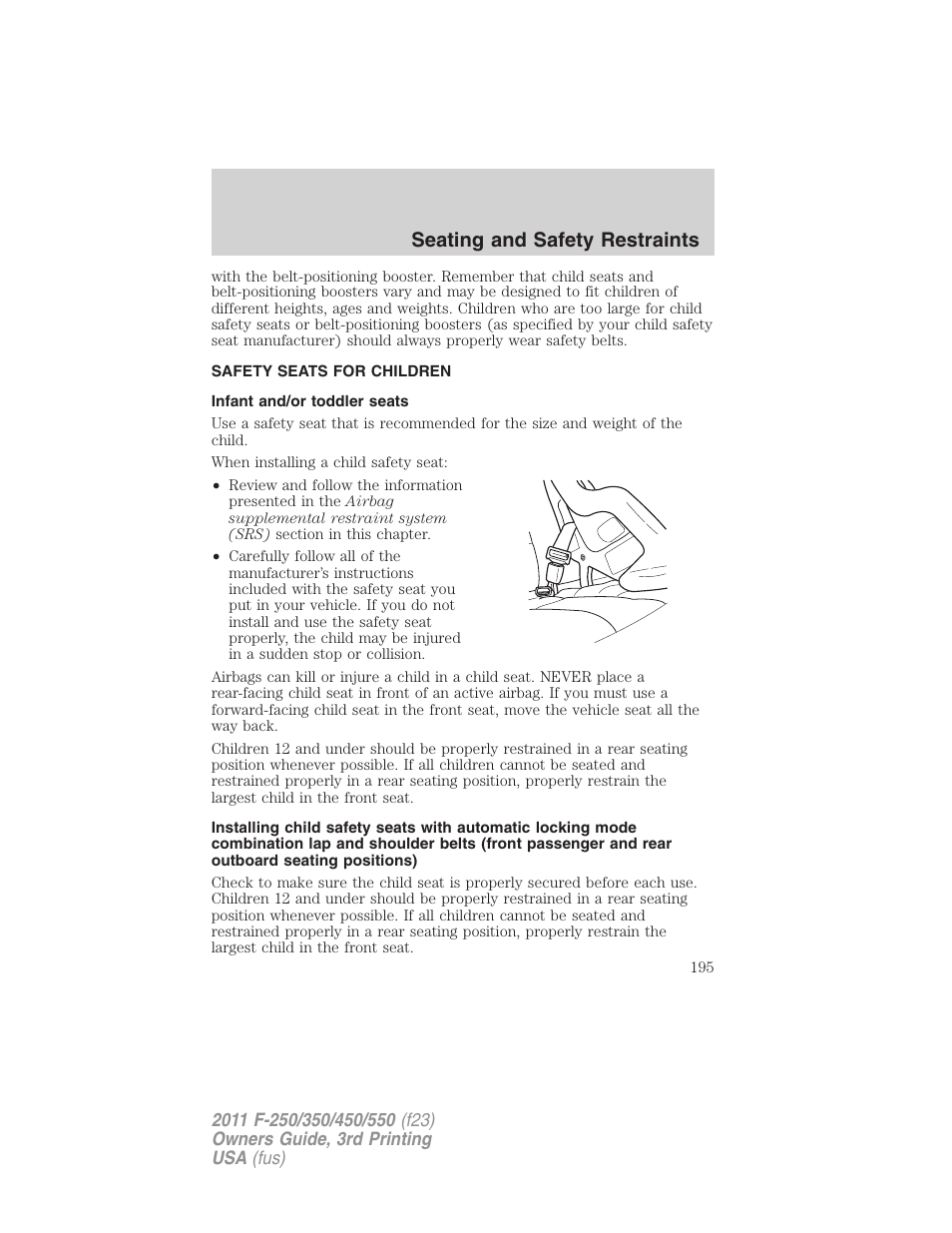 Safety seats for children, Infant and/or toddler seats, Seating and safety restraints | FORD 2011 F-550 v.3 User Manual | Page 195 / 442