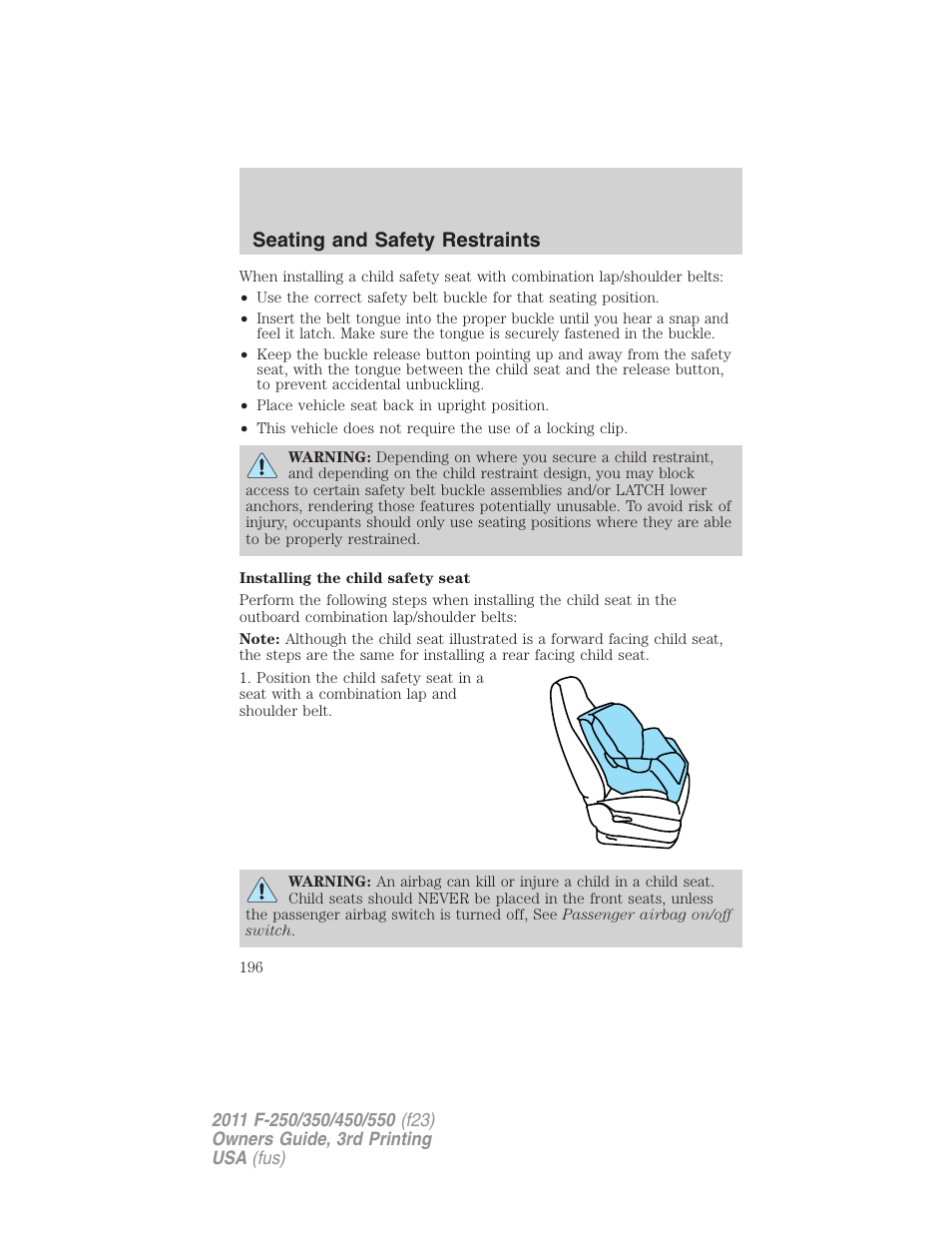 Seating and safety restraints | FORD 2011 F-550 v.3 User Manual | Page 196 / 442