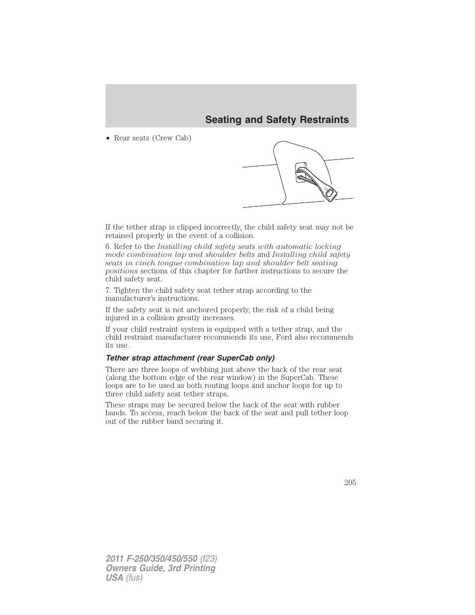Tether strap attachment (rear supercab only), Seating and safety restraints | FORD 2011 F-550 v.3 User Manual | Page 205 / 442
