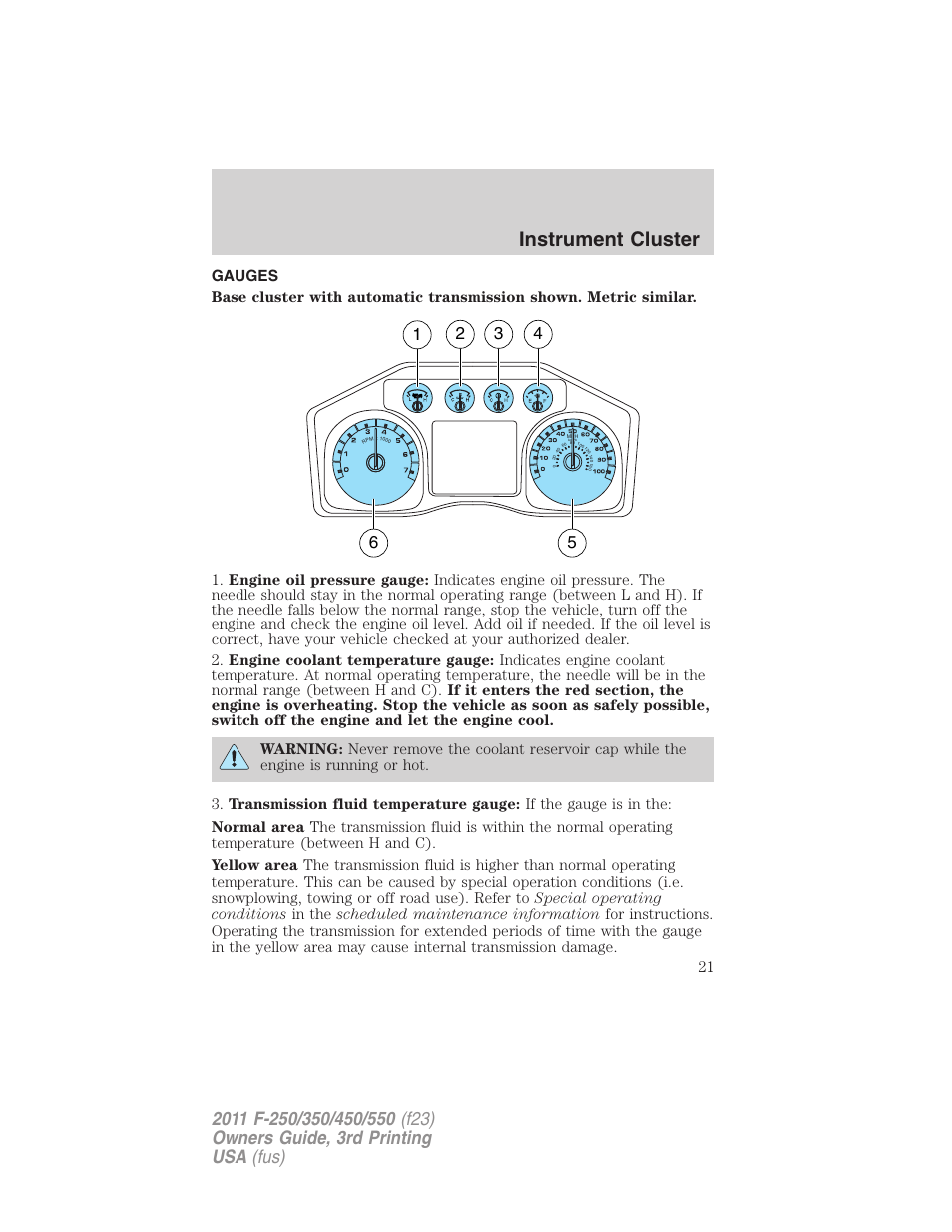 Gauges, Instrument cluster | FORD 2011 F-550 v.3 User Manual | Page 21 / 442