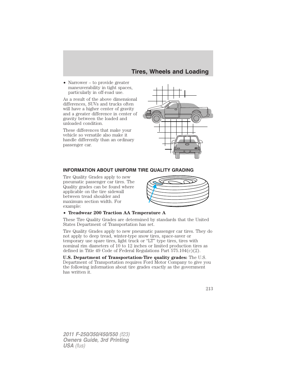 Information about uniform tire quality grading, Tire information, Tires, wheels and loading | FORD 2011 F-550 v.3 User Manual | Page 213 / 442