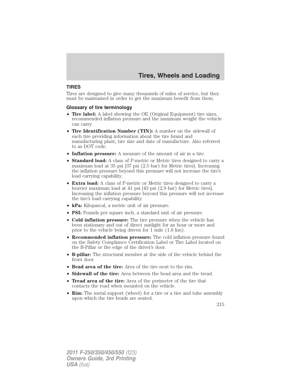Tires, Glossary of tire terminology, Tires, wheels and loading | FORD 2011 F-550 v.3 User Manual | Page 215 / 442