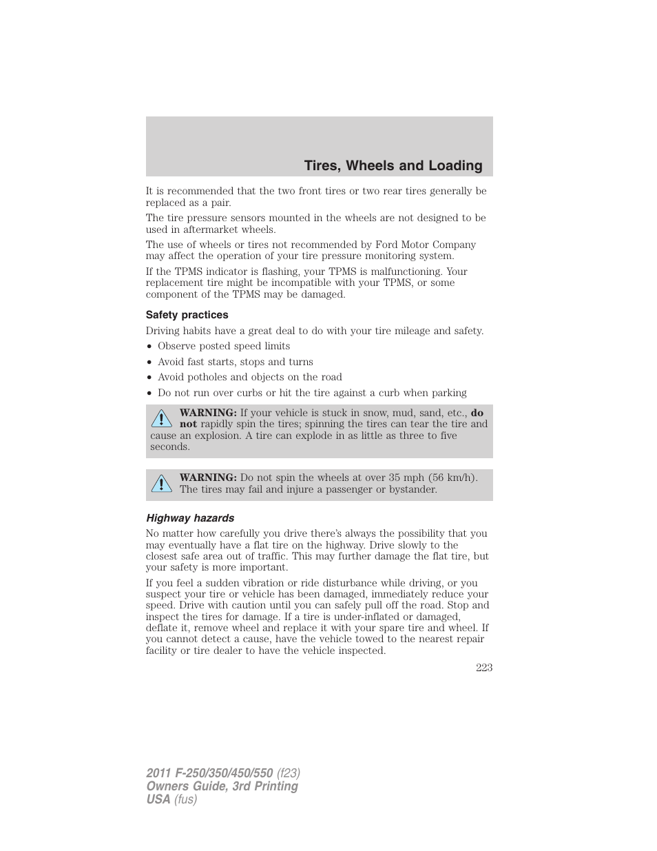 Safety practices, Highway hazards, Tires, wheels and loading | FORD 2011 F-550 v.3 User Manual | Page 223 / 442