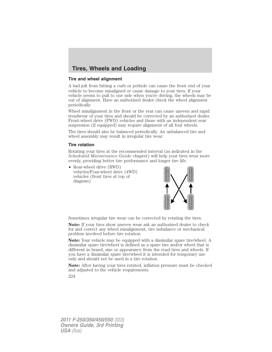 Tire and wheel alignment, Tire rotation, Tires, wheels and loading | FORD 2011 F-550 v.3 User Manual | Page 224 / 442
