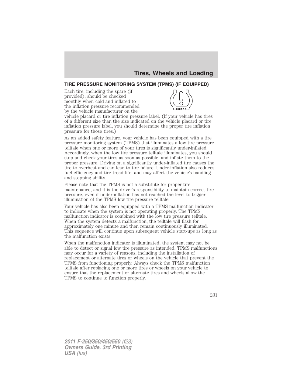 Tire pressure monitoring system (tpms), Tires, wheels and loading | FORD 2011 F-550 v.3 User Manual | Page 231 / 442