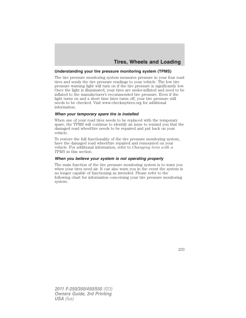 When your temporary spare tire is installed, Tires, wheels and loading | FORD 2011 F-550 v.3 User Manual | Page 233 / 442
