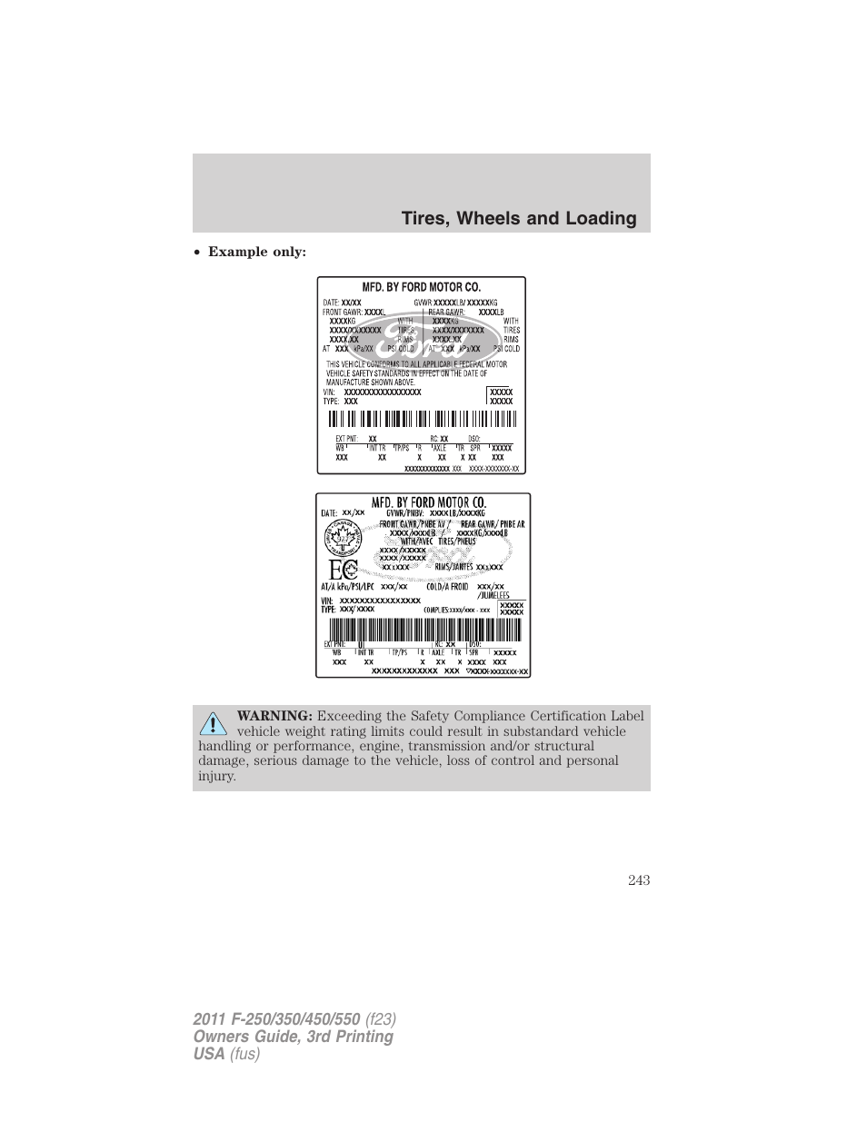 Tires, wheels and loading | FORD 2011 F-550 v.3 User Manual | Page 243 / 442