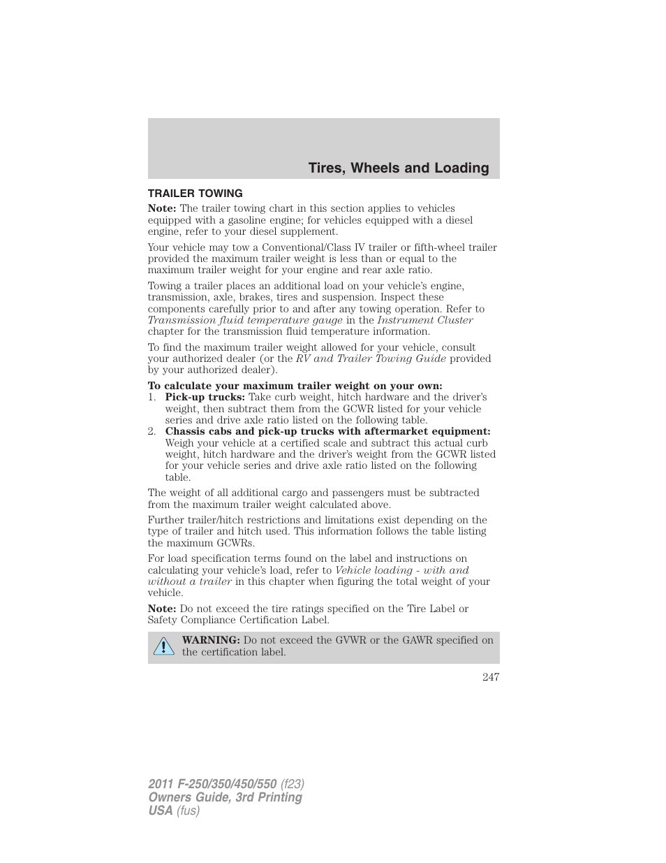 Trailer towing, Tires, wheels and loading | FORD 2011 F-550 v.3 User Manual | Page 247 / 442