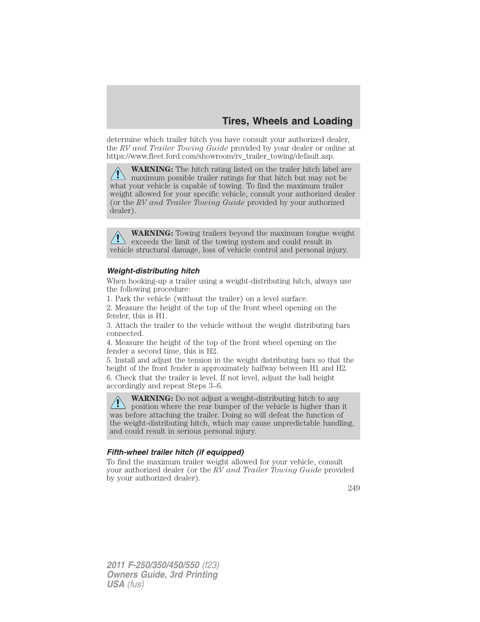 Weight-distributing hitch, Fifth-wheel trailer hitch (if equipped), Tires, wheels and loading | FORD 2011 F-550 v.3 User Manual | Page 249 / 442