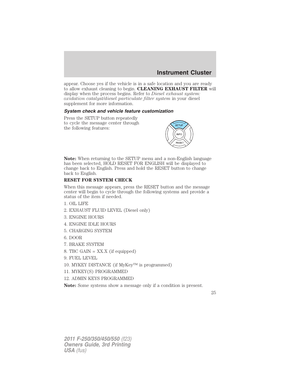 System check and vehicle feature customization, Instrument cluster | FORD 2011 F-550 v.3 User Manual | Page 25 / 442