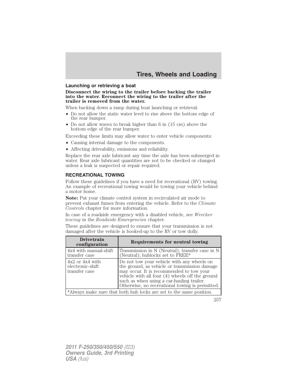 Launching or retrieving a boat, Recreational towing, Tires, wheels and loading | FORD 2011 F-550 v.3 User Manual | Page 257 / 442