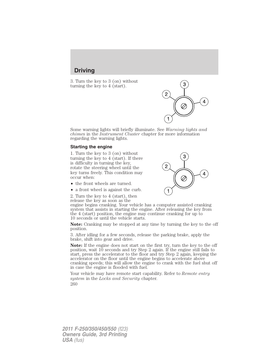 Starting the engine, Driving | FORD 2011 F-550 v.3 User Manual | Page 260 / 442