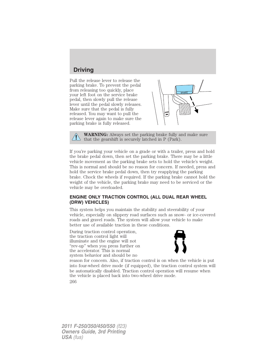 Traction control, Driving | FORD 2011 F-550 v.3 User Manual | Page 266 / 442