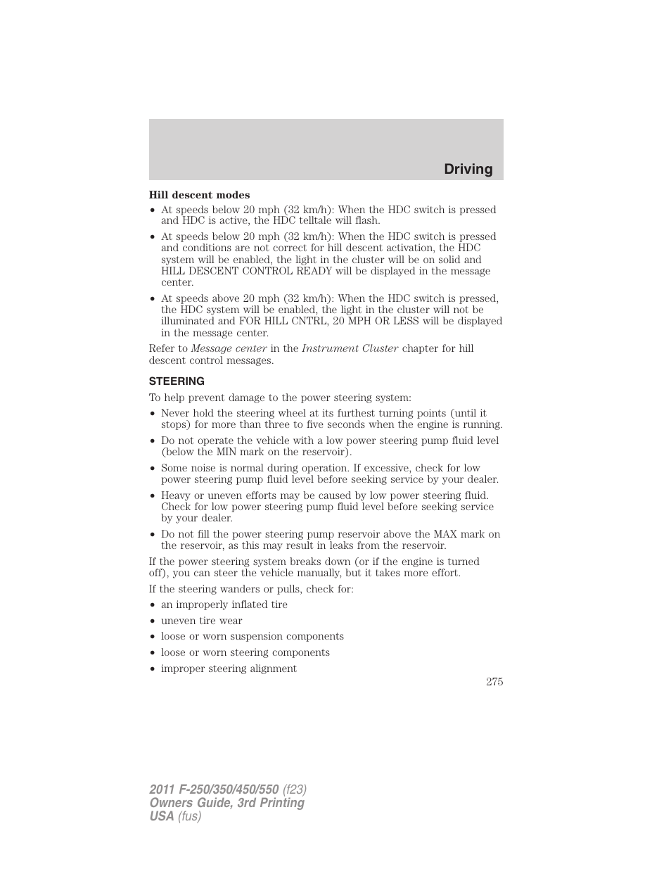 Steering, Driving | FORD 2011 F-550 v.3 User Manual | Page 275 / 442