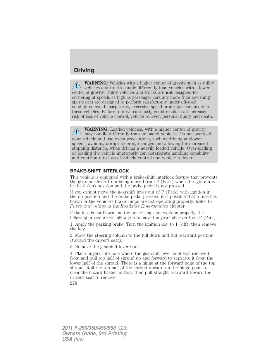 Brake-shift interlock, Driving | FORD 2011 F-550 v.3 User Manual | Page 278 / 442