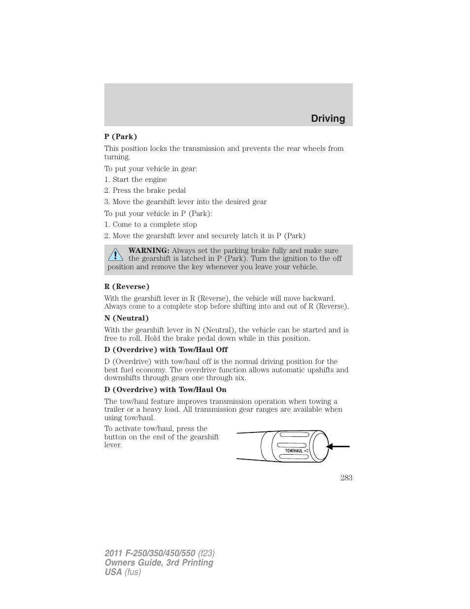 Driving | FORD 2011 F-550 v.3 User Manual | Page 283 / 442