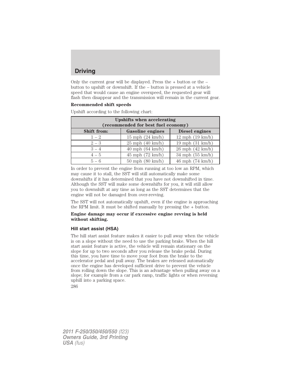 Hill start assist (hsa), Driving | FORD 2011 F-550 v.3 User Manual | Page 286 / 442