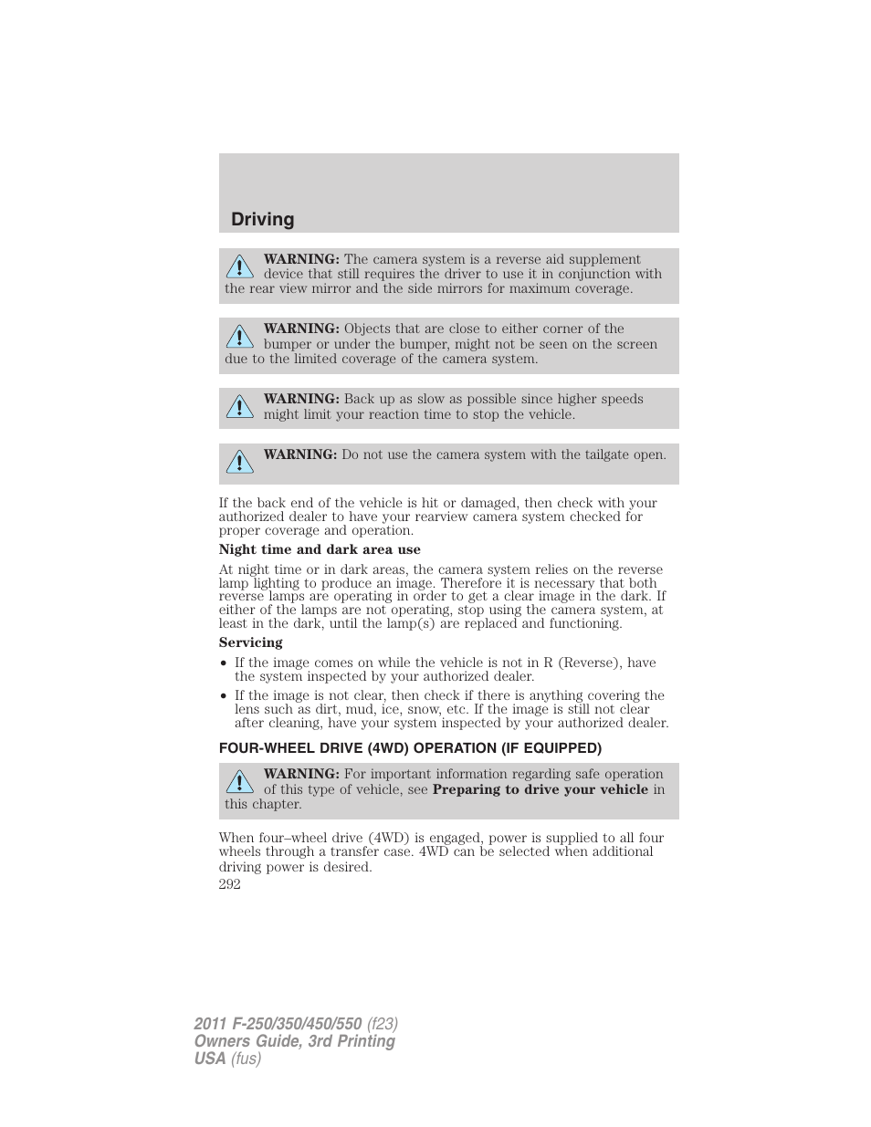 Four-wheel drive (4wd) operation (if equipped), Driving | FORD 2011 F-550 v.3 User Manual | Page 292 / 442