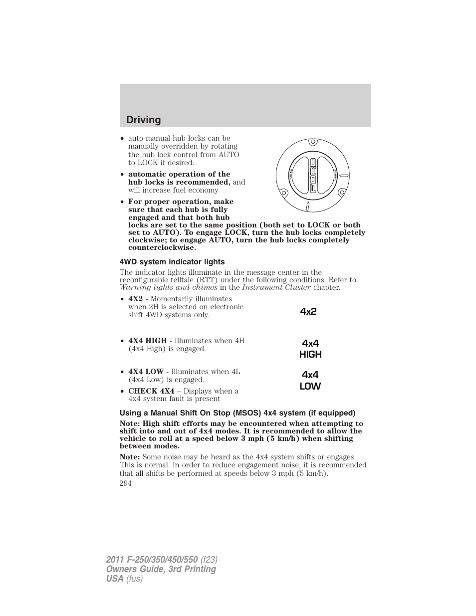 4wd system indicator lights, Driving | FORD 2011 F-550 v.3 User Manual | Page 294 / 442