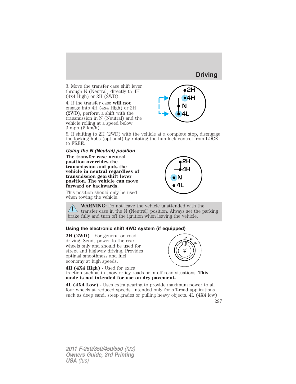 Using the n (neutral) position, Driving | FORD 2011 F-550 v.3 User Manual | Page 297 / 442