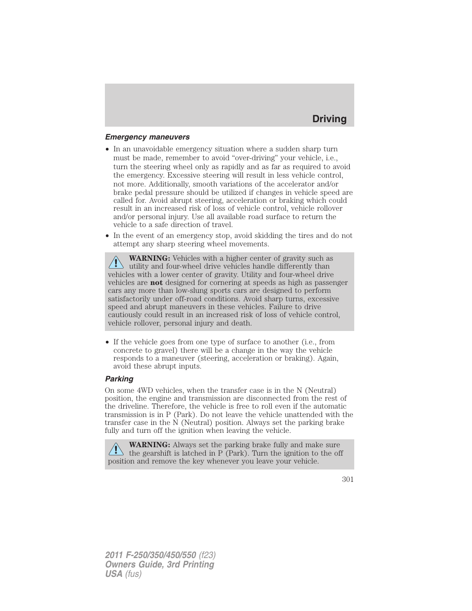 Emergency maneuvers, Parking, Driving | FORD 2011 F-550 v.3 User Manual | Page 301 / 442