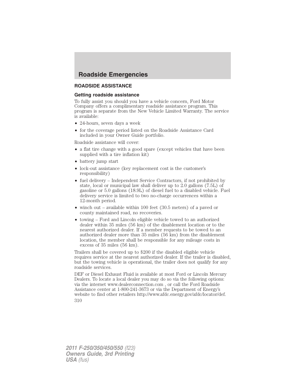 Roadside emergencies, Roadside assistance, Getting roadside assistance | FORD 2011 F-550 v.3 User Manual | Page 310 / 442