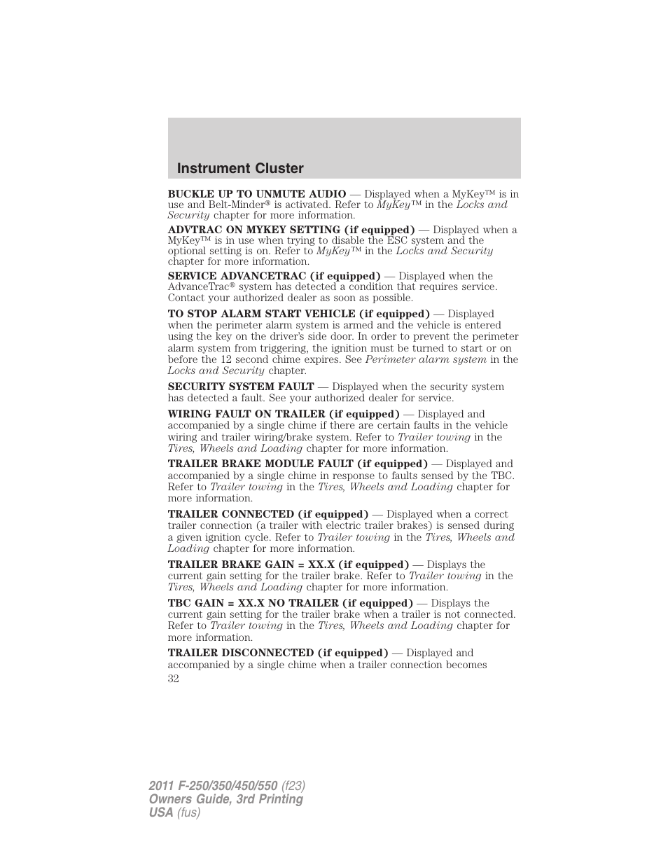 Instrument cluster | FORD 2011 F-550 v.3 User Manual | Page 32 / 442