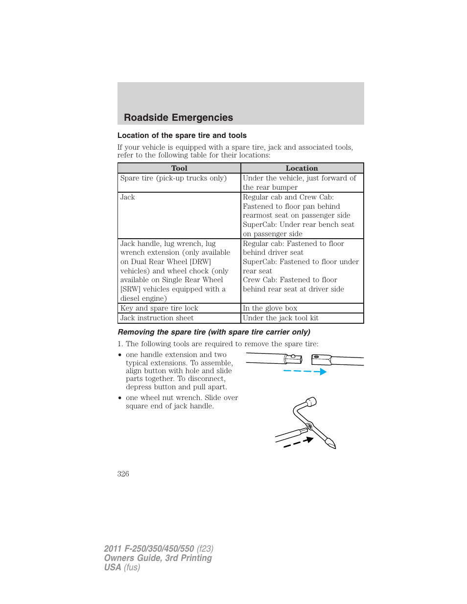 Location of the spare tire and tools, Roadside emergencies | FORD 2011 F-550 v.3 User Manual | Page 326 / 442