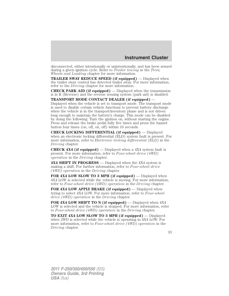 Instrument cluster | FORD 2011 F-550 v.3 User Manual | Page 33 / 442