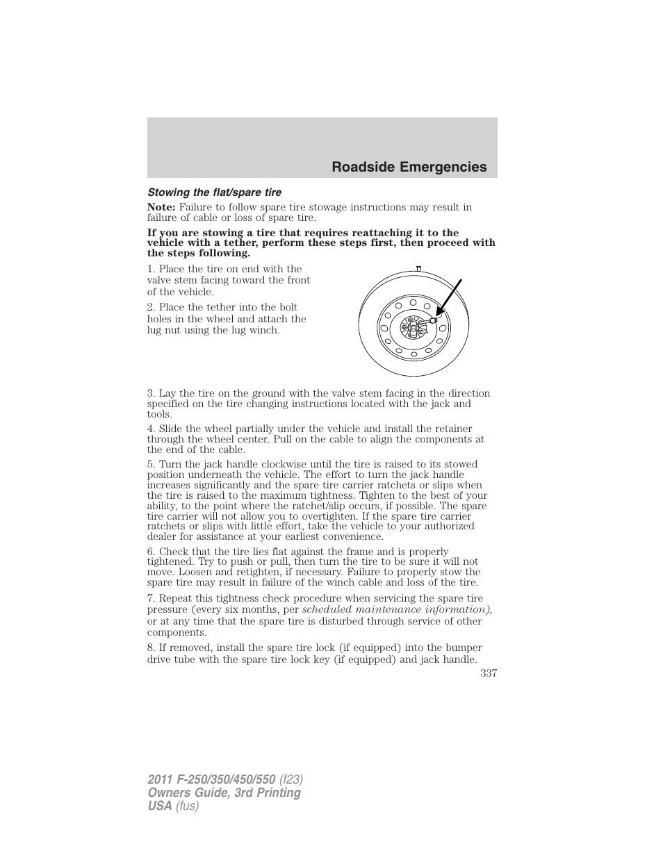 Stowing the flat/spare tire, Roadside emergencies | FORD 2011 F-550 v.3 User Manual | Page 337 / 442