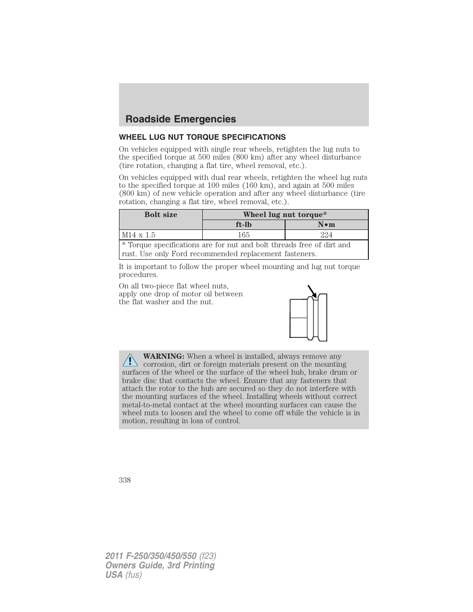 Wheel lug nut torque specifications, Wheel lug nut torque, Roadside emergencies | FORD 2011 F-550 v.3 User Manual | Page 338 / 442