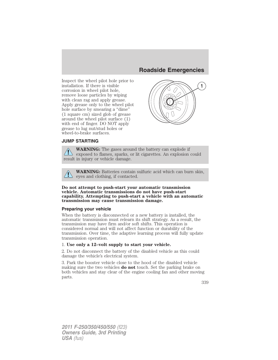 Jump starting, Preparing your vehicle, Roadside emergencies | FORD 2011 F-550 v.3 User Manual | Page 339 / 442