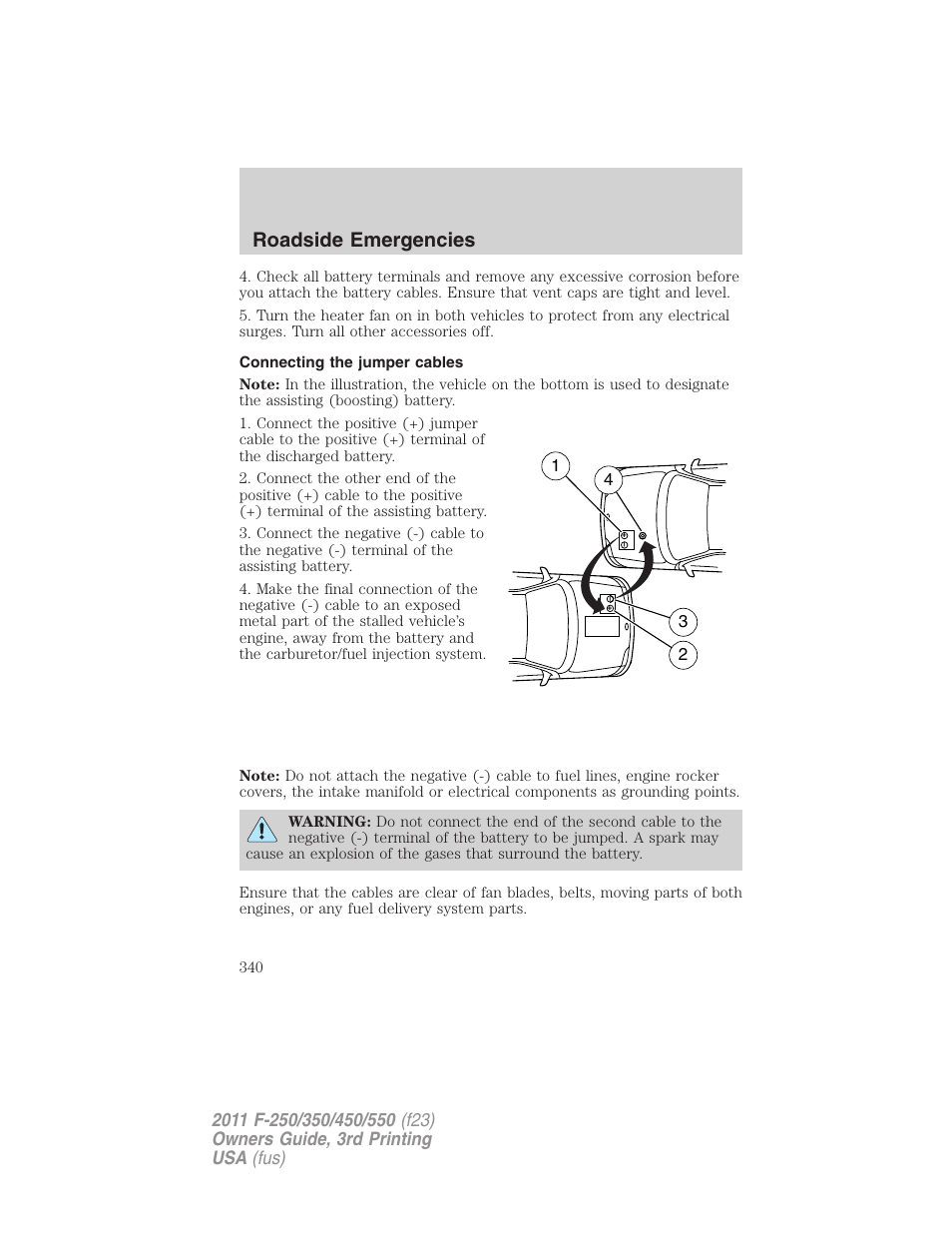 Connecting the jumper cables, Roadside emergencies | FORD 2011 F-550 v.3 User Manual | Page 340 / 442