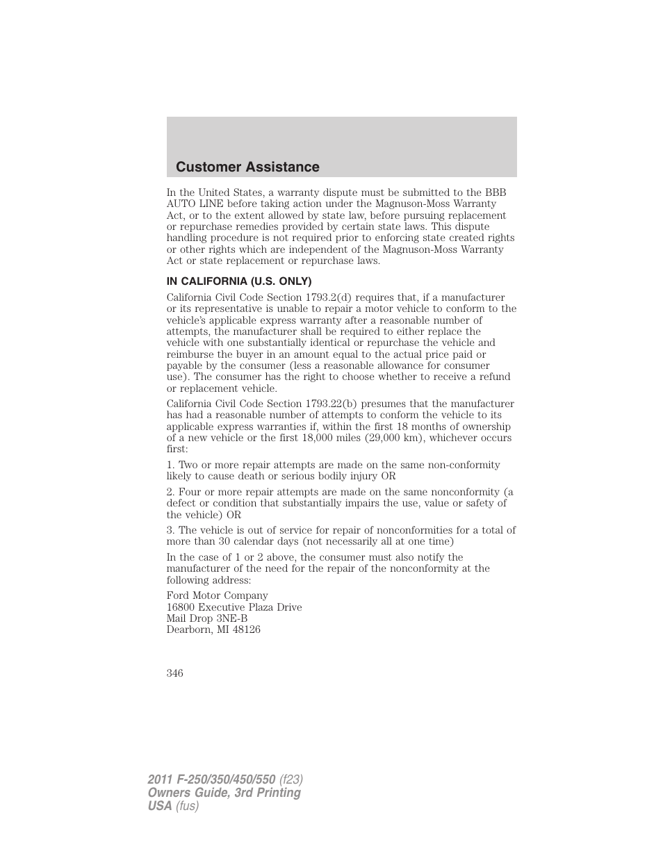 In california (u.s. only), Customer assistance | FORD 2011 F-550 v.3 User Manual | Page 346 / 442